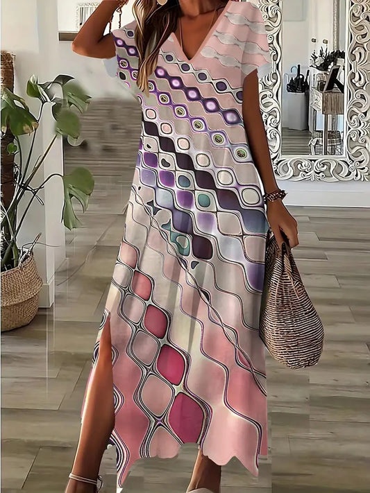 Elegant Floral Print V-Neck Dress For Women