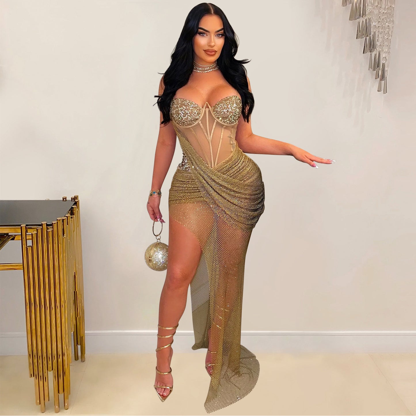 Women's Wear Sexy Mesh Rhinestone Sling Dress