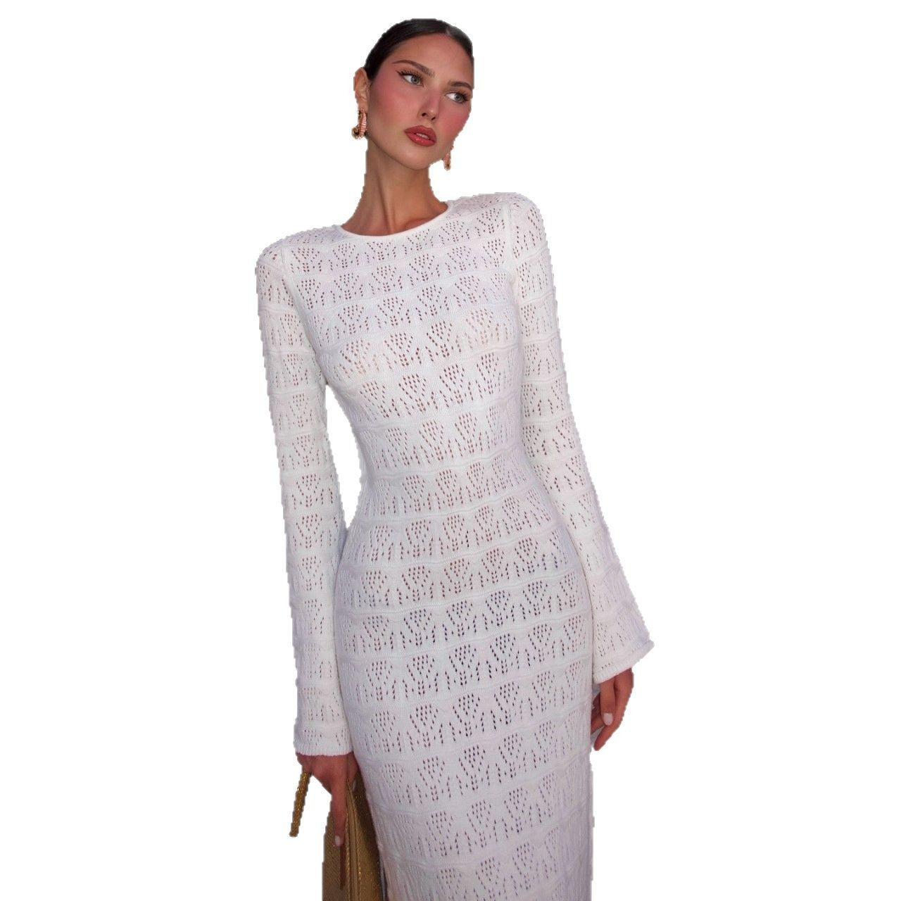 Round Neck Knitted Long Flared Sleeves Dress