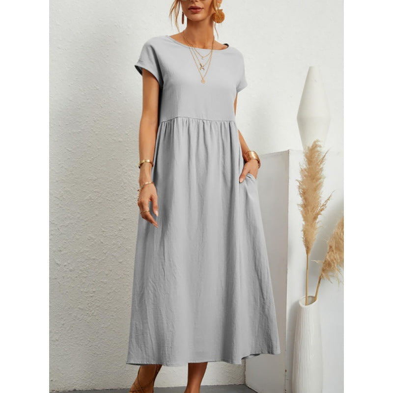 Solid Color Short Sleeved Loose Cotton And Linen Dress With Pockets