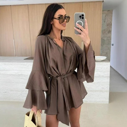 Women's V-neck Irregular Skirt With Ruffle Sleeves