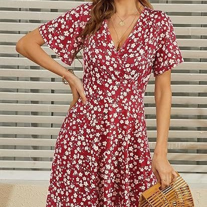 V-neck A Line Mid-length Dress Printing