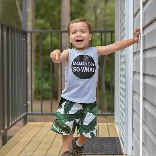 Gray Letters Vest Green Leaf Shorts Suit