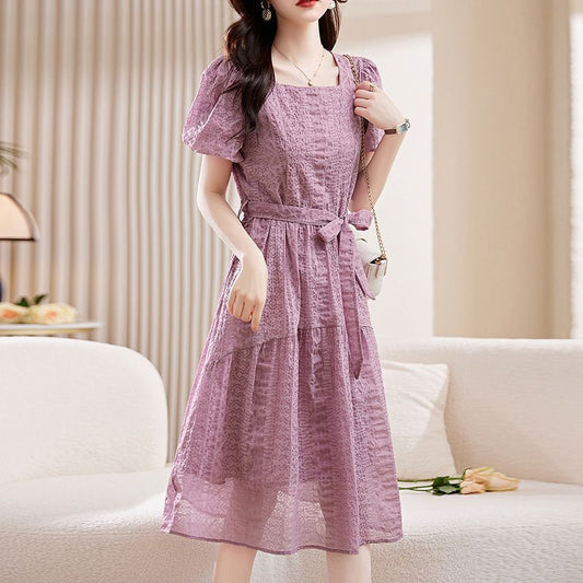 Women's French-style Square Collar Purple Skirt