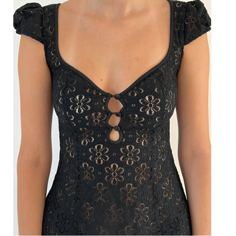 V-neck Short Sleeve Hollow-out Short Dress
