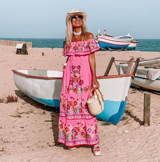 Women's Fashion Off-shoulder Red Flower Print Dress