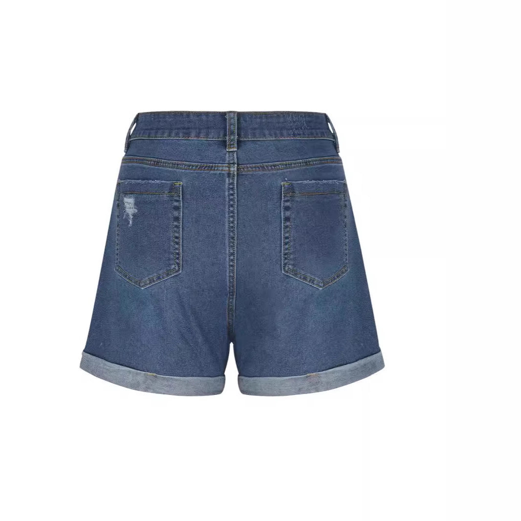 Straight Slim-fit Worn-out Curling Denim Shorts