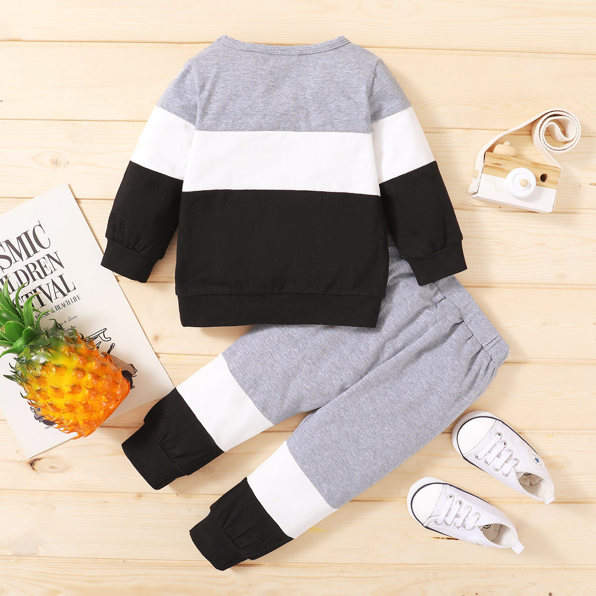 Letter Color Matching Patchwork Round Neck Long Sleeve Two-piece Men's Clothing