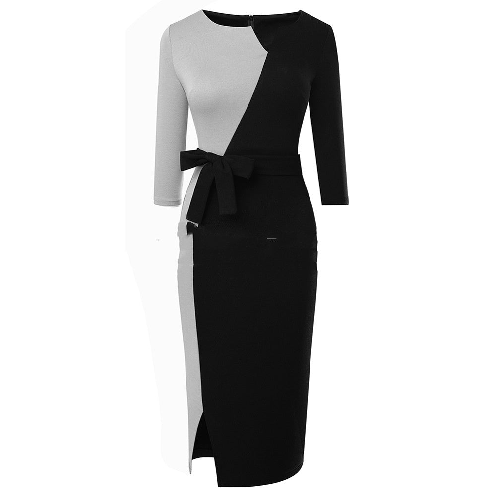 Women's Mid-waist Stitching Color-block V Neck Commuting Business Dress