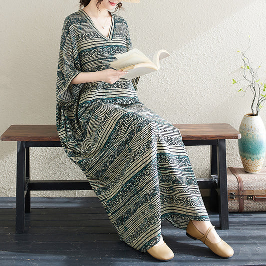 Ethnic Style V-neck Printed Striped Dress Women