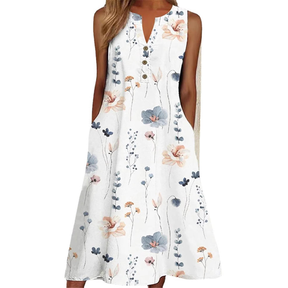Summer V-neck Casual Printed Long A- Line Skirt