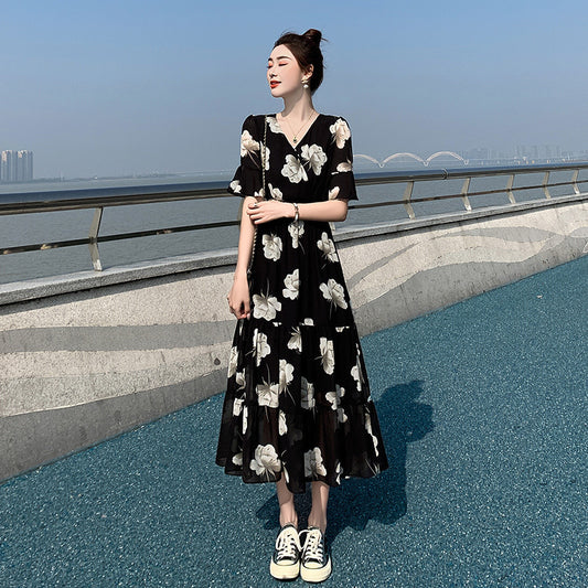 Slimming Flared Sleeves Holiday Floral Dress Women