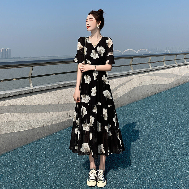 Slimming Flared Sleeves Holiday Floral Dress Women