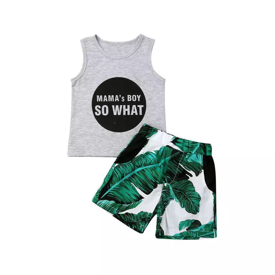 Gray Letters Vest Green Leaf Shorts Suit