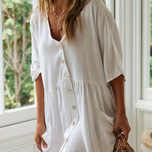 Beach Dress Short Sleeved V-neck Button Up With Pocket Vacation Swimsuit Cover Up