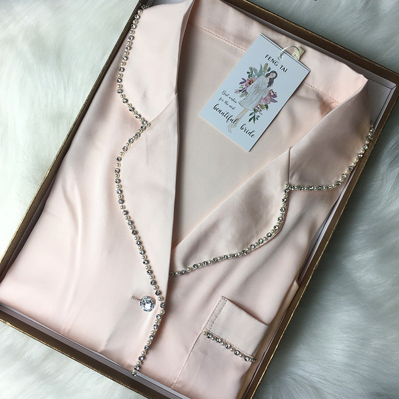 Silk Satin Pearl With Diamonds And Rhinestones Home Service Two-piece Pajamas Women