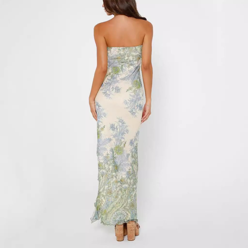 Printed Slit Slim Tube Top Dress Women