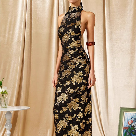 New Chinese Cheongsam Gilded Evening Gown Halter Dress