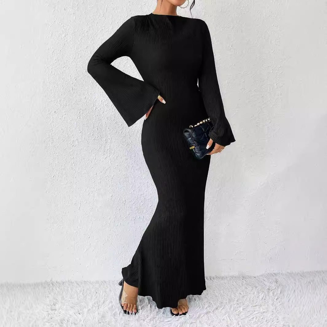 Autumn And Winter Women's Fashion Round Neck Horn Long Sleeve Slim Hip Bag Dress