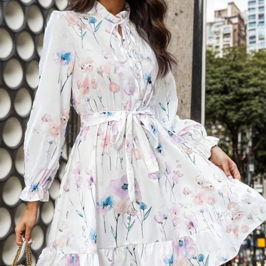 European And American New Floral Print Long Sleeve Dress