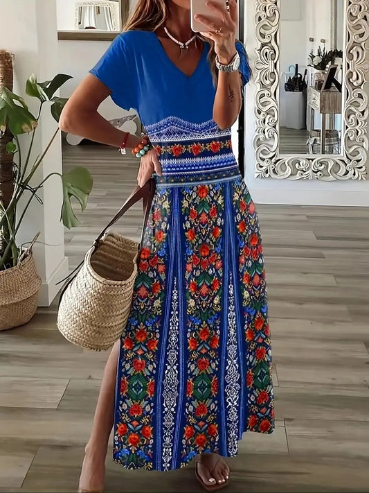 Elegant Floral Print V-Neck Dress For Women