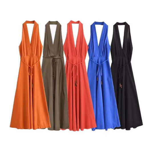 Backless Linen Midi Skirt Dress