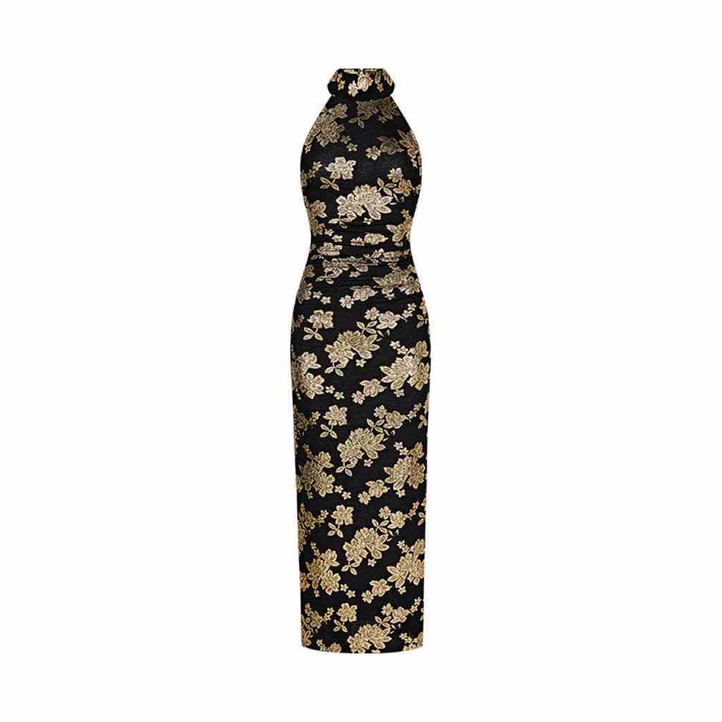 New Chinese Cheongsam Gilded Evening Gown Halter Dress