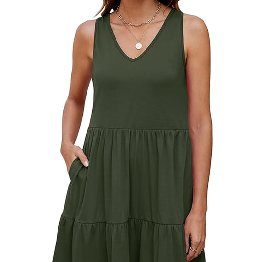 Casual V-neck Layered Pleated Sleeveless Vest Dress