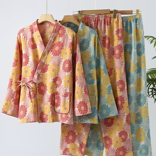New Chinese Style Spring And Autumn Double Pure Cotton Gauze Pajamas For Women