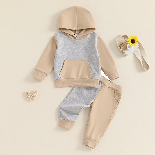 Boys' Long-sleeved Stitching Solid Color Rib Slim Fit Pullover Fashion Sweater Trousers Two-piece Set