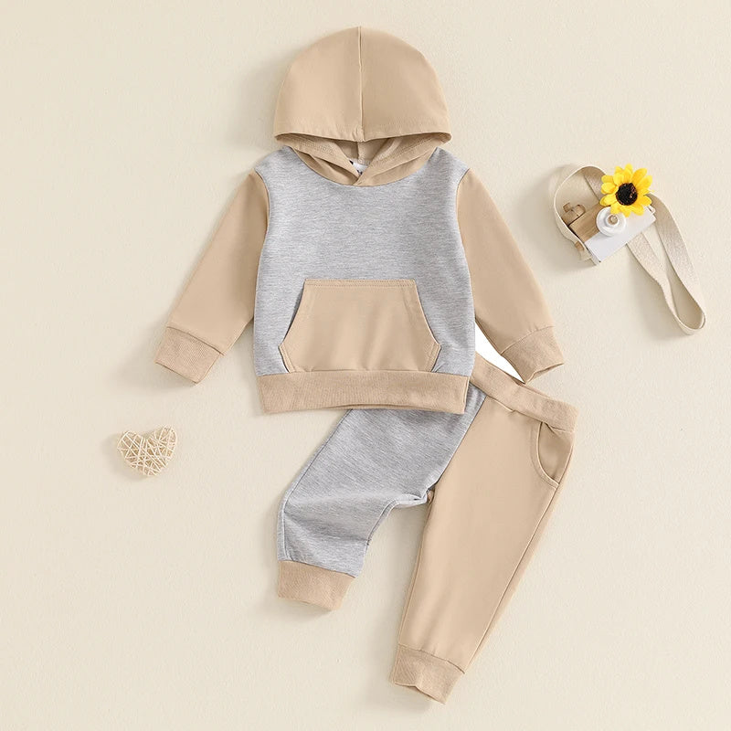 Boys' Long-sleeved Stitching Solid Color Rib Slim Fit Pullover Fashion Sweater Trousers Two-piece Set