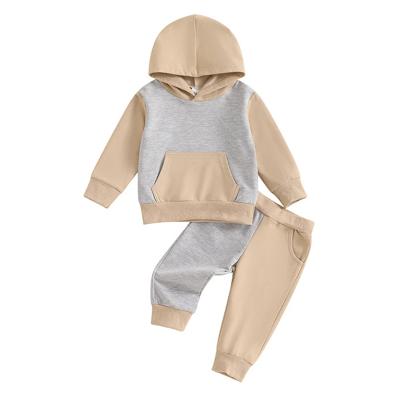 Boys' Long-sleeved Stitching Solid Color Rib Slim Fit Pullover Fashion Sweater Trousers Two-piece Set