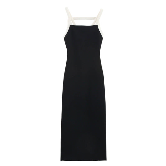 Personality Fashion Color Contrast Elastic Hanging Collar Dress