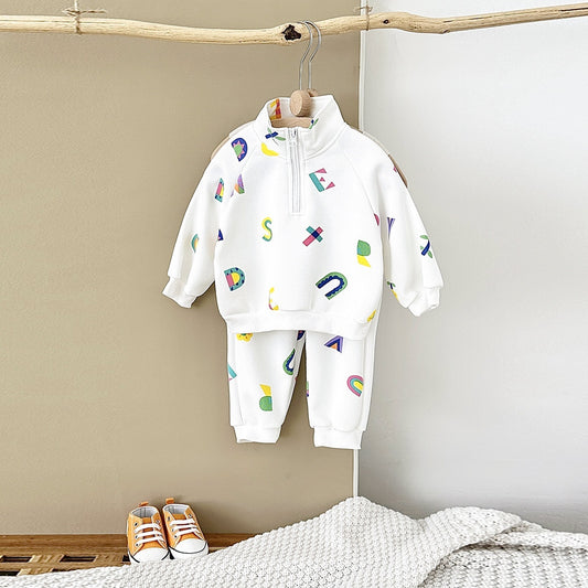 White Letter Printing Zipped Stand Collar Thickened Baby Long Sleeve Suit