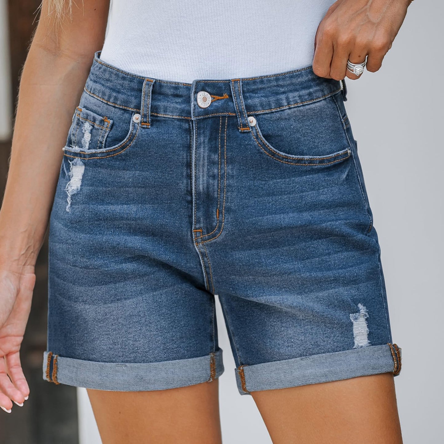 Straight Slim-fit Worn-out Curling Denim Shorts