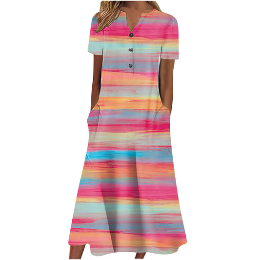 Women Summer Casual Short Sleeved Long Midi Plain Dresses With Pockets