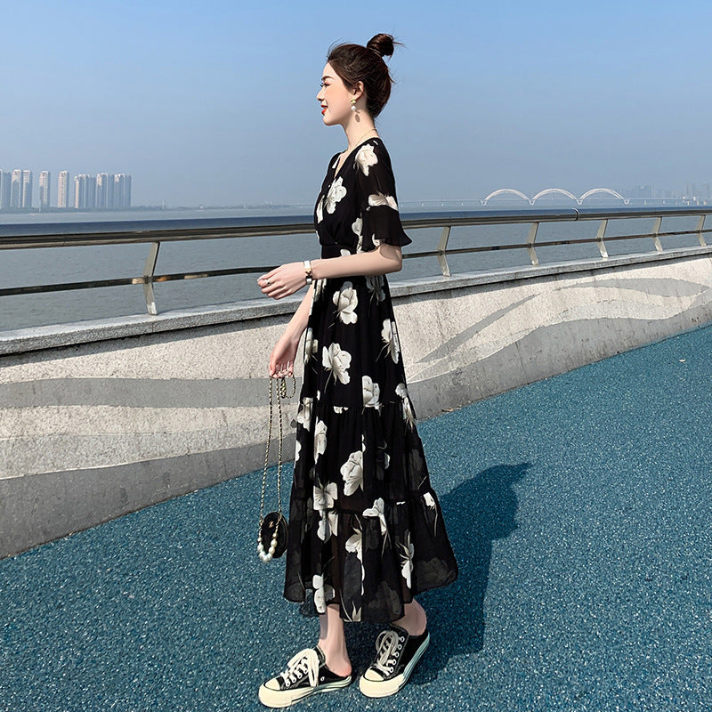 Slimming Flared Sleeves Holiday Floral Dress Women