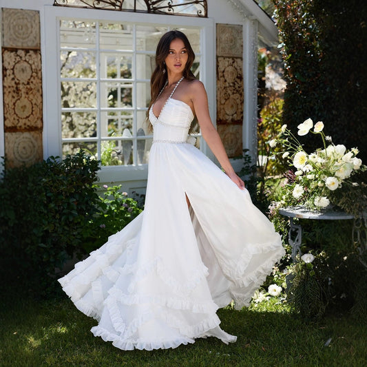 Women's French Romantic Strap Halter White Dress