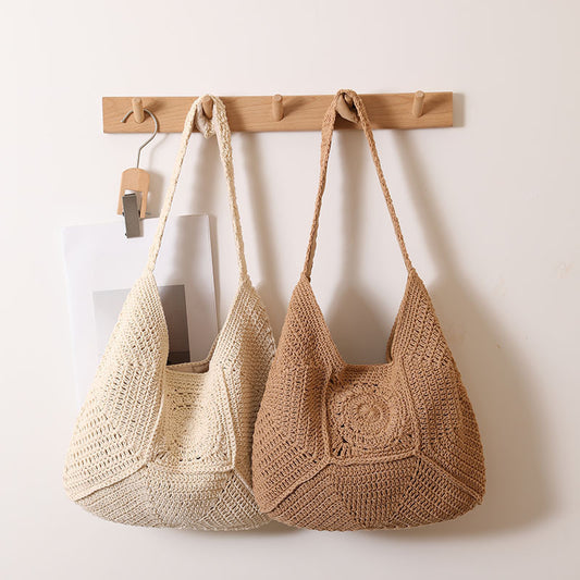 Large Capacity Cotton Braided Grandma Plaid Straw Woven Vacation Beach Versatile Women's Bag