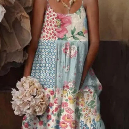 Cross-border European And American Style Women Floral Art Printing Casual Sling Holiday Dress