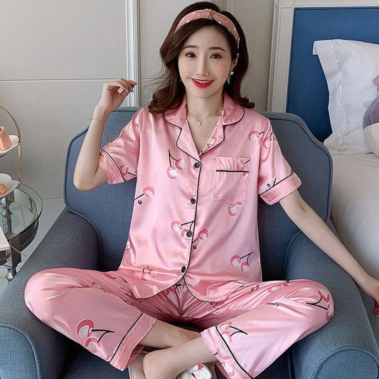 Spot Goods Cross-border E-commerce Plus Size Pajamas Summer Artificial Silk Printed Short Sleeve Plump Girls Outerwear Homewear Women