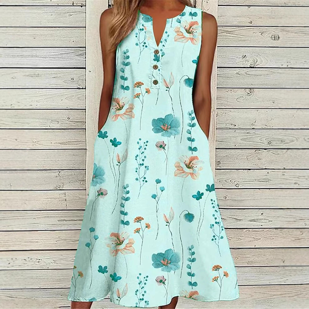 Summer V-neck Casual Printed Long A- Line Skirt