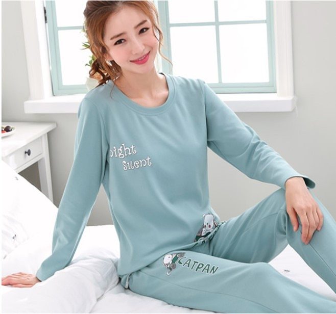 Long Sleeve Pajamas Women Trousers Plus Size Cute Cartoon Home Service Round Neck
