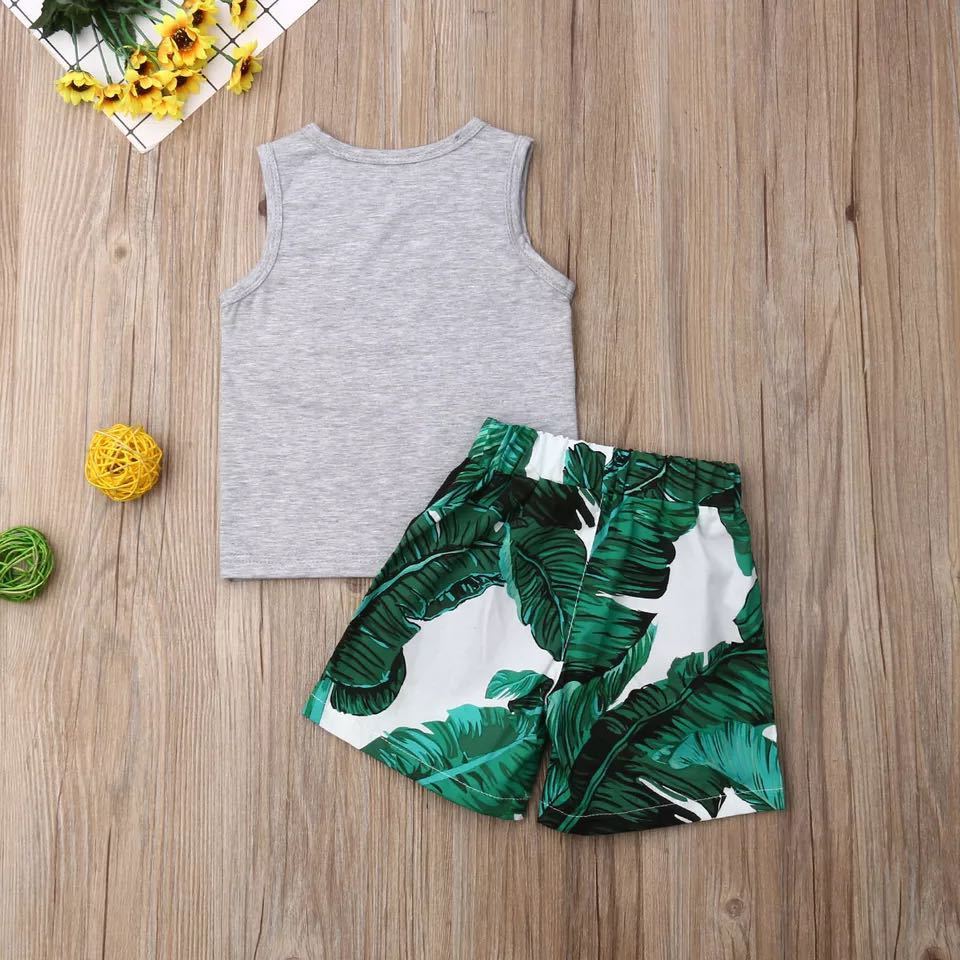 Gray Letters Vest Green Leaf Shorts Suit