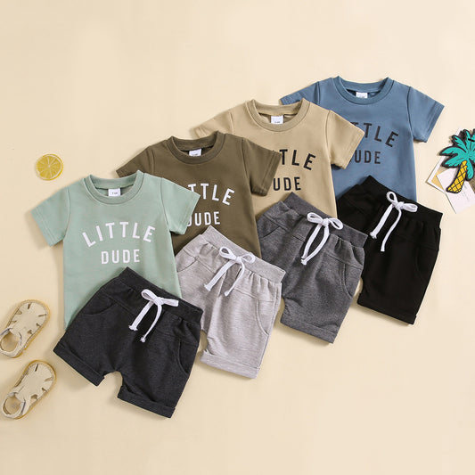 Letter Print Short-sleeve Top Solid Color Shorts Two-piece Set