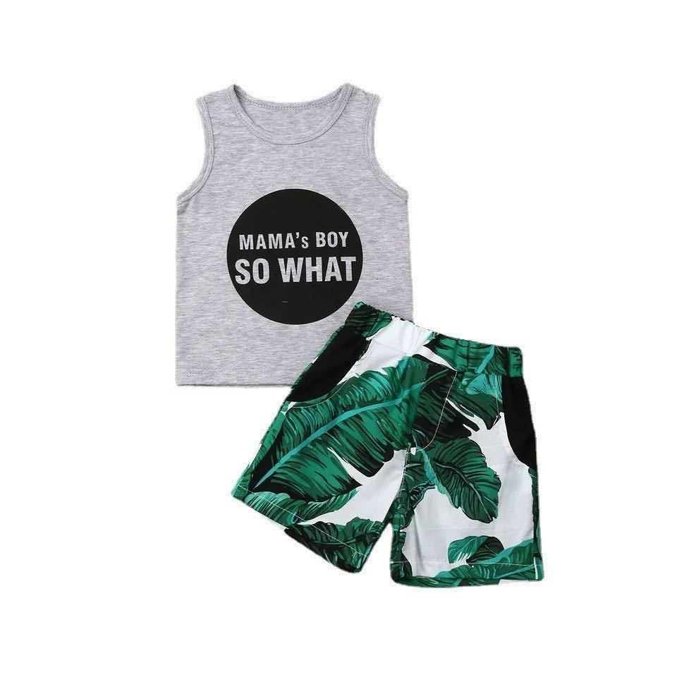 Gray Letters Vest Green Leaf Shorts Suit