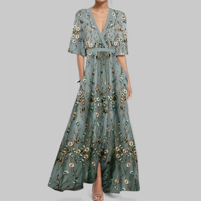 Tight Waist Slim Print V-neck Long-sleeve Dress