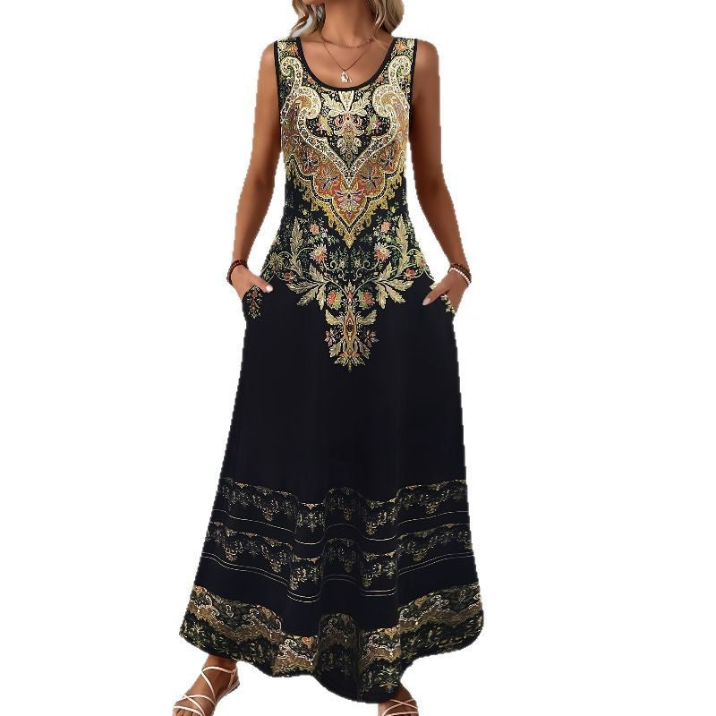 Sleeveless Slim Fit Elegant Printed Pocket Dress