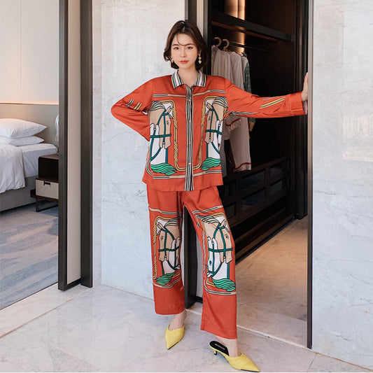 Pajamas Women Ice Silk Fashion Tide Brand Cardigan Casual Long-sleeved Home Service Suit Silk