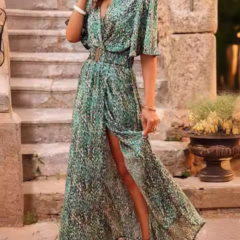 European And American Printing Temperament Short Sleeve Dress